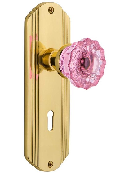 Streamline Deco Mortise Lock Set with Colored Fluted Crystal Glass Knobs Pink in Polished Brass.